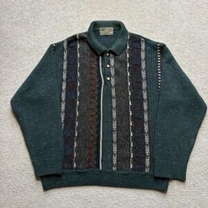 Vtg Adonis‎ Sweater Mens Large Green Collared 3D Knit Pullover Striped Grandpa
